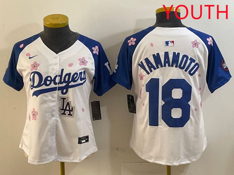 Youth Los Angeles Dodgers #18 Yamamoto White Blue Sakura Edition 2025 Nike MLB Jersey style 9->youth mlb jersey->Youth Jersey
